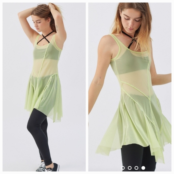 Urban Outfitters Green Mesh Asymmetrical Hem Spaghetti Strap Dress Scoop Neck - Picture 8 of 8